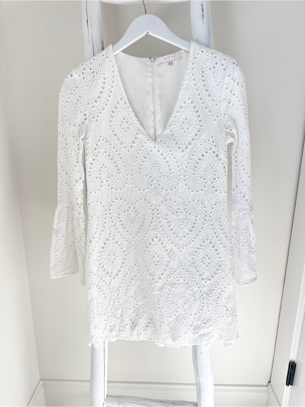Wayf White Eyelet V-Neck Mini Dress with Bell Sleeves Size Small